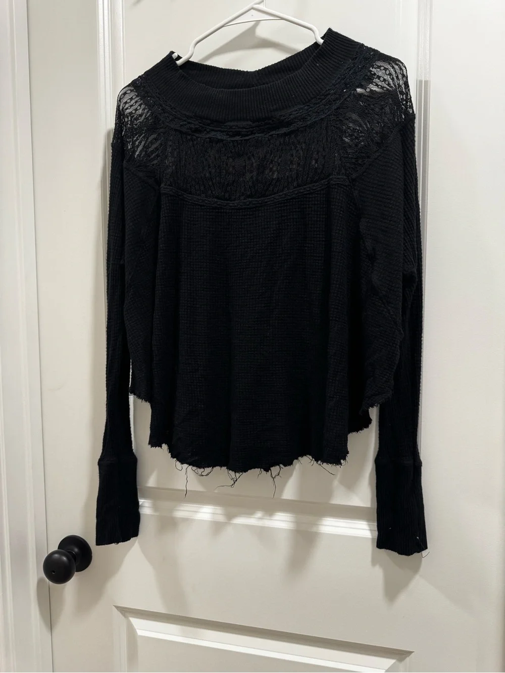 Free People Spring Valley Thermal Lace Top Black Raw Hem Small